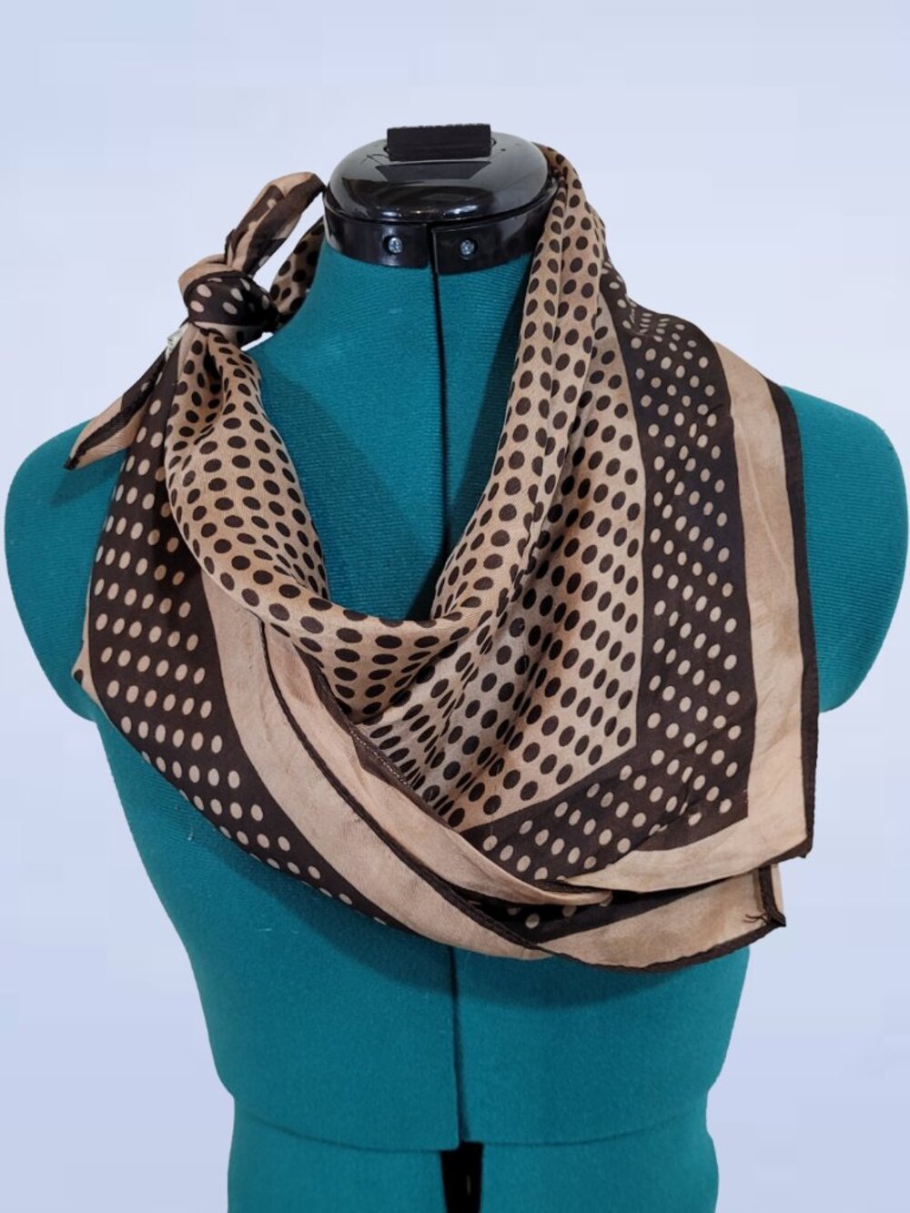 Vintage Acetate Square Scarf Brown Tan Polka Dot Geometric Border Neck Scarf